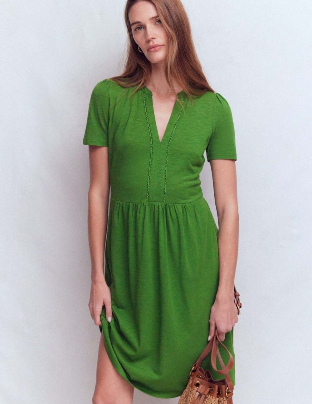 Boden Women 20-22 Long Naomi Short Sleeve Dress Knee Length V Neck Cotton Blend